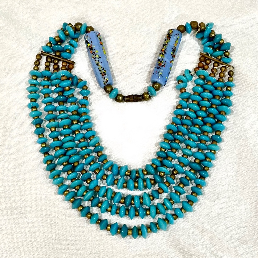 Vintage Turquoise Art Glass Bead Bohemian Necklace Multi Strand Retro Chic